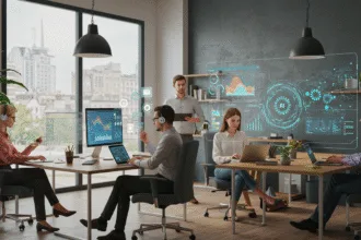 A modern office team using AI automation tools on laptops and dashboards to manage workflows efficiently, symbolizing saving 100+ hours a month with smart technology.
