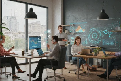 A modern office team using AI automation tools on laptops and dashboards to manage workflows efficiently, symbolizing saving 100+ hours a month with smart technology.
