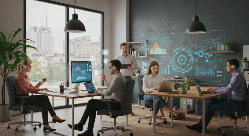A modern office team using AI automation tools on laptops and dashboards to manage workflows efficiently, symbolizing saving 100+ hours a month with smart technology.