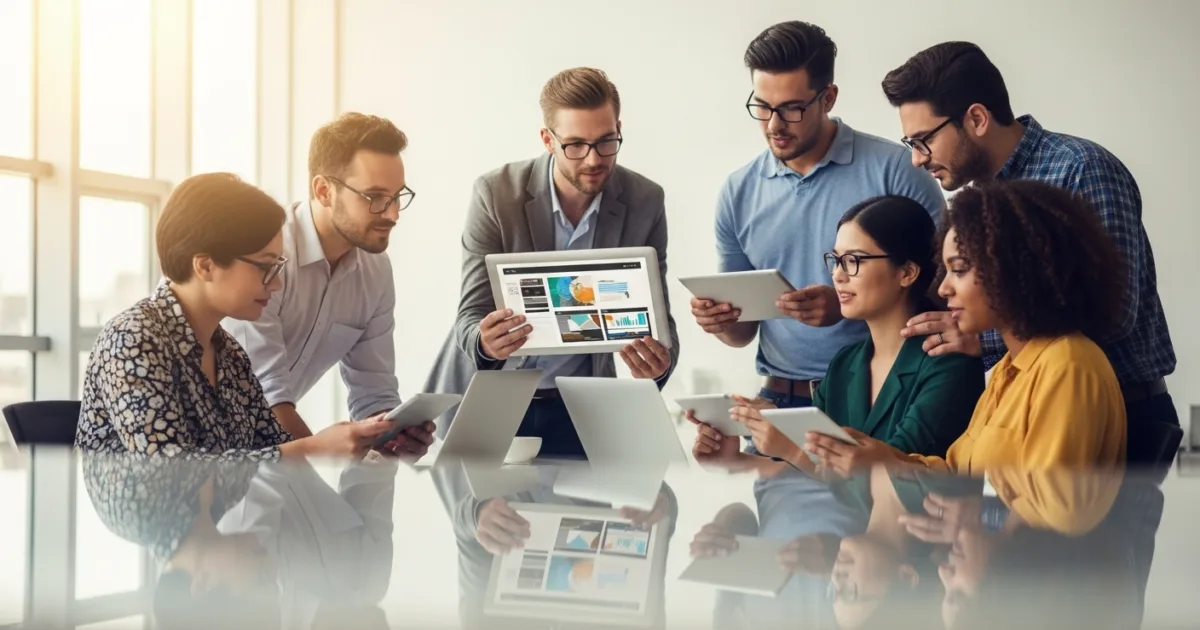 A diverse team of business professionals collaborating on website improvements in a modern, sunlit office, symbolizing innovation, teamwork, and professional website maintenance.