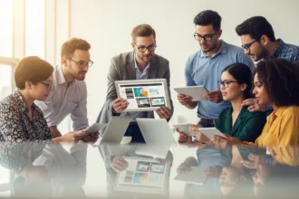 A diverse team of business professionals collaborating on website improvements in a modern, sunlit office, symbolizing innovation, teamwork, and professional website maintenance.