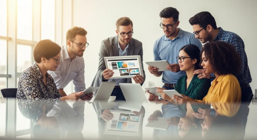 A diverse team of business professionals collaborating on website improvements in a modern, sunlit office, symbolizing innovation, teamwork, and professional website maintenance.