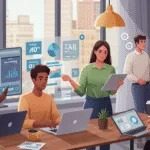 A realistic illustration of small business owners and team members in a bright modern office using AI automation tools on laptops and tablets. They review dashboards showing workflow efficiency and cost savings, representing affordable AI solutions helping businesses grow smarter in 2025.