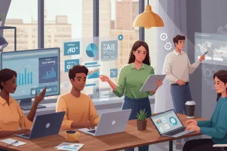 A realistic illustration of small business owners and team members in a bright modern office using AI automation tools on laptops and tablets. They review dashboards showing workflow efficiency and cost savings, representing affordable AI solutions helping businesses grow smarter in 2025.