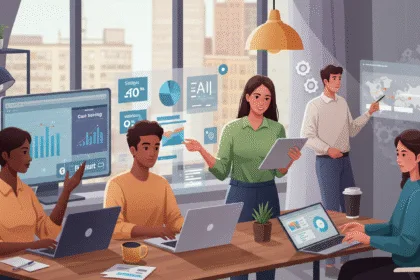 A realistic illustration of small business owners and team members in a bright modern office using AI automation tools on laptops and tablets. They review dashboards showing workflow efficiency and cost savings, representing affordable AI solutions helping businesses grow smarter in 2025.