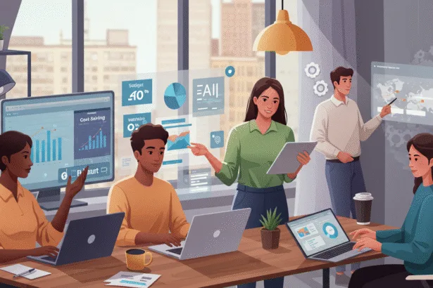 A realistic illustration of small business owners and team members in a bright modern office using AI automation tools on laptops and tablets. They review dashboards showing workflow efficiency and cost savings, representing affordable AI solutions helping businesses grow smarter in 2025.