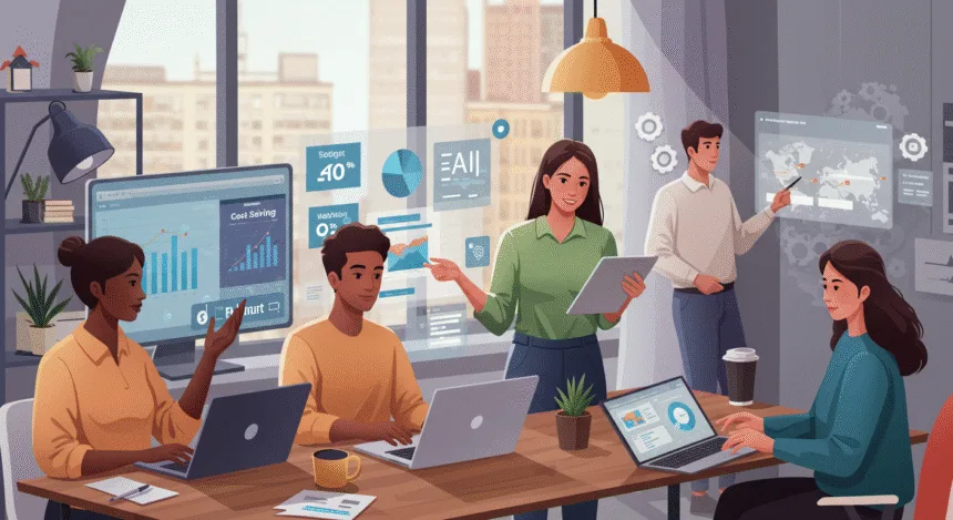 A realistic illustration of small business owners and team members in a bright modern office using AI automation tools on laptops and tablets. They review dashboards showing workflow efficiency and cost savings, representing affordable AI solutions helping businesses grow smarter in 2025.