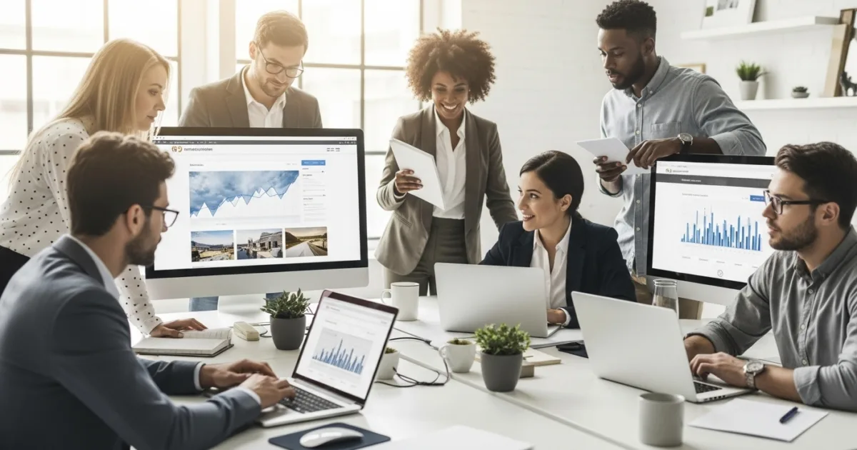 A diverse team of entrepreneurs and IT professionals reviewing website performance data in a bright, modern office, symbolizing teamwork, innovation, and website maintenance success.