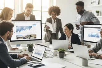 A diverse team of entrepreneurs and IT professionals reviewing website performance data in a bright, modern office, symbolizing teamwork, innovation, and website maintenance success.