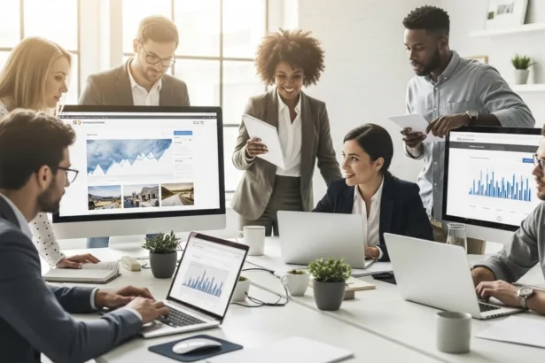 A diverse team of entrepreneurs and IT professionals reviewing website performance data in a bright, modern office, symbolizing teamwork, innovation, and website maintenance success.