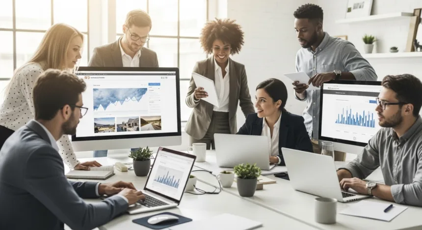 A diverse team of entrepreneurs and IT professionals reviewing website performance data in a bright, modern office, symbolizing teamwork, innovation, and website maintenance success.
