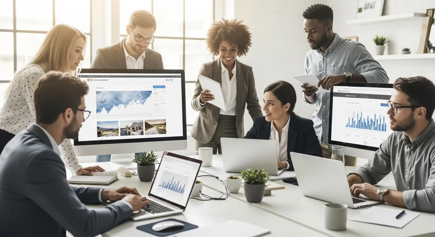 A diverse team of entrepreneurs and IT professionals reviewing website performance data in a bright, modern office, symbolizing teamwork, innovation, and website maintenance success.