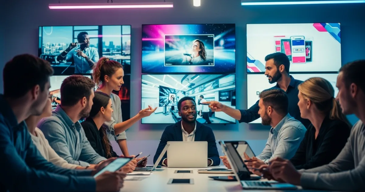 Marketing team reviewing video ads on multiple screens in a modern creative workspace.