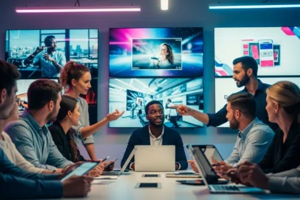 Marketing team reviewing video ads on multiple screens in a modern creative workspace.