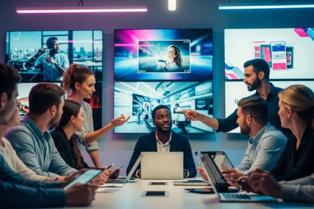 Marketing team reviewing video ads on multiple screens in a modern creative workspace.