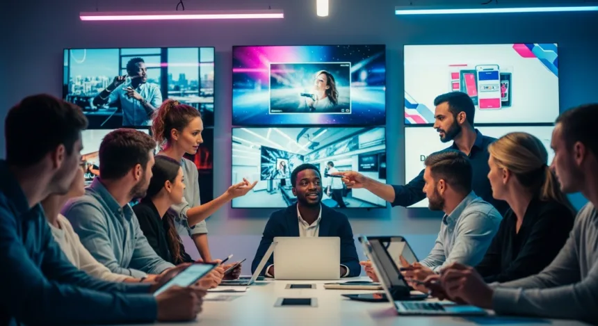 Marketing team reviewing video ads on multiple screens in a modern creative workspace.
