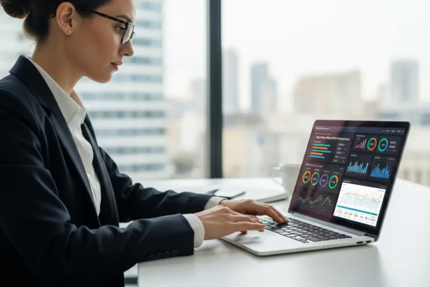 Business professional analyzing digital dashboards and charts to implement monetization strategies.