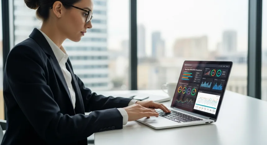 Business professional analyzing digital dashboards and charts to implement monetization strategies.