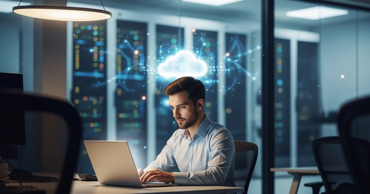 Professional using a laptop connected to cloud servers, representing cloud services improving business operations