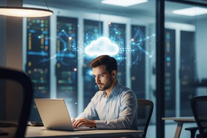 Professional using a laptop connected to cloud servers, representing cloud services improving business operations