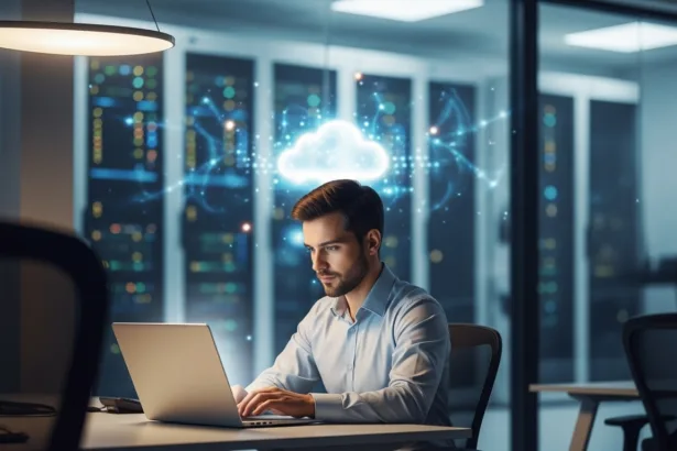 Professional using a laptop connected to cloud servers, representing cloud services improving business operations