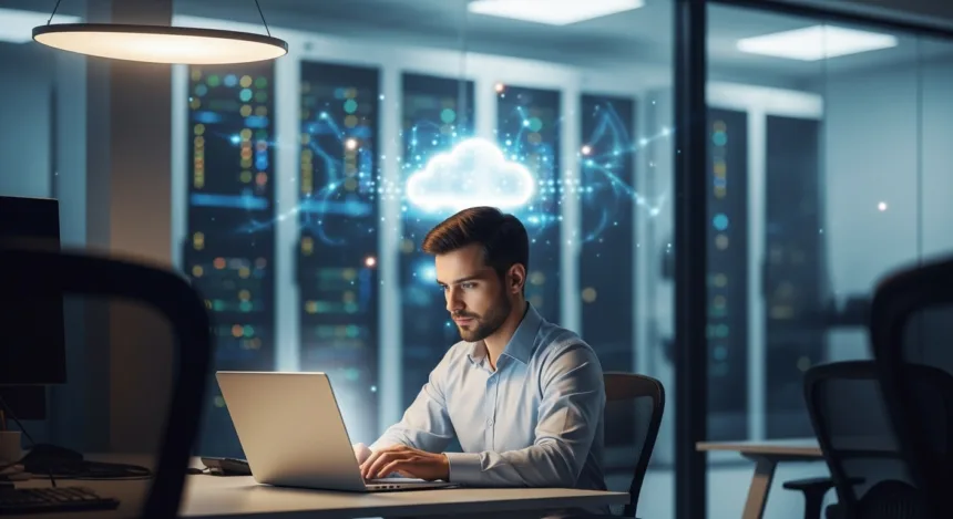 Professional using a laptop connected to cloud servers, representing cloud services improving business operations