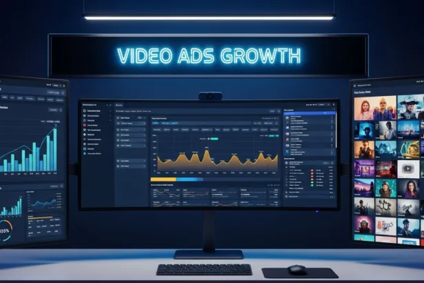 Digital marketing desk showing video ad performance charts and creative video thumbnails in a modern workspace.