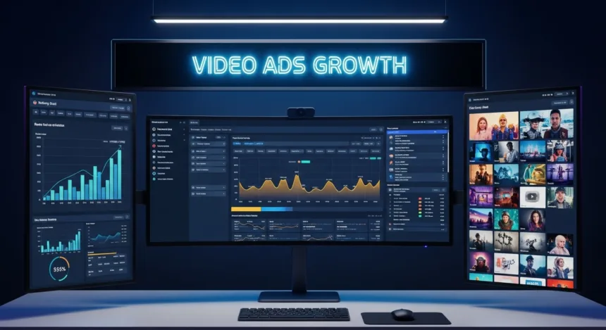 Digital marketing desk showing video ad performance charts and creative video thumbnails in a modern workspace.