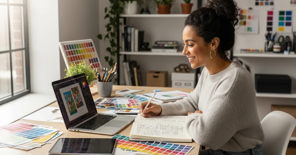 “Female designer smiling while working on graphic design projects in a creative workspace.”