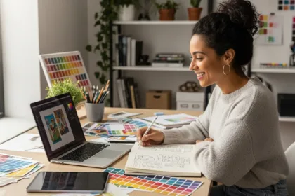 “Female designer smiling while working on graphic design projects in a creative workspace.”