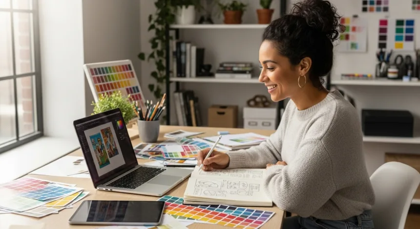 “Female designer smiling while working on graphic design projects in a creative workspace.”