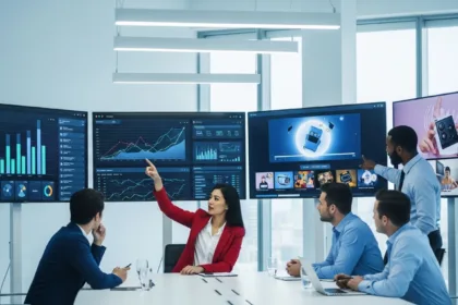 A business team analyzing video ad campaigns and marketing performance in a modern digital workspace to increase sales and engagement.