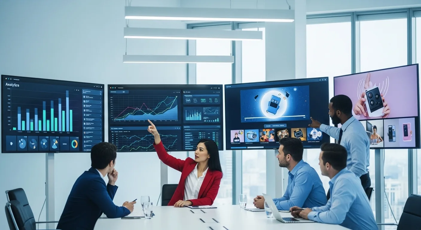 A business team analyzing video ad campaigns and marketing performance in a modern digital workspace to increase sales and engagement.