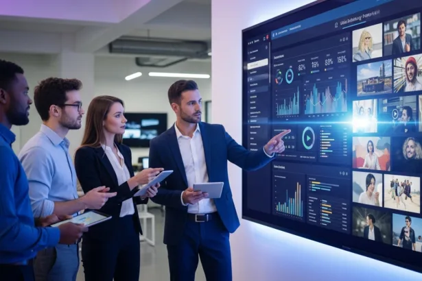 Business team collaborating on video ad strategy in a modern office setting.