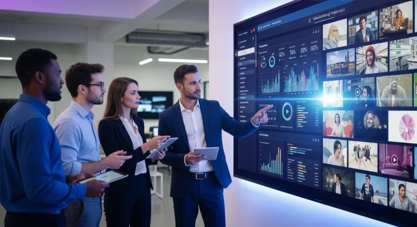 Business team collaborating on video ad strategy in a modern office setting.