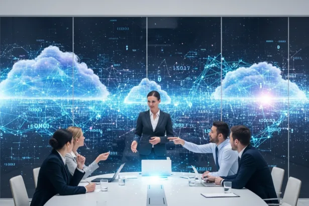 Business team using innovative cloud strategies to drive growth.