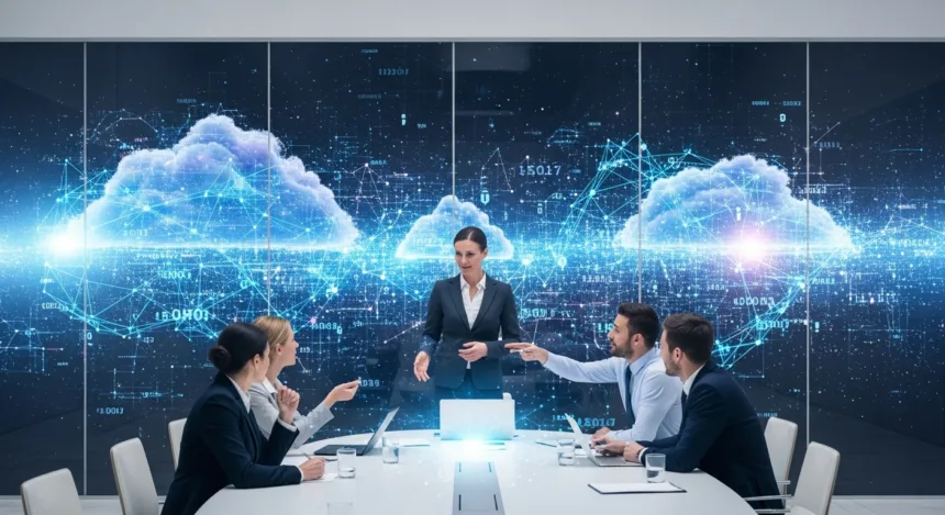 Business team using innovative cloud strategies to drive growth.