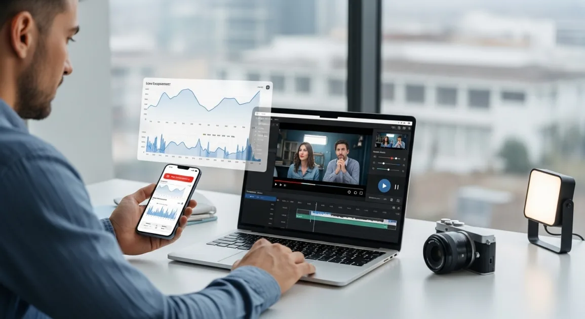 A marketer analyzing poor-performing video ads on a laptop with declining analytics charts.