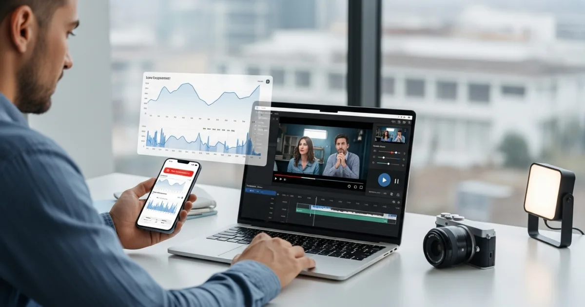 A marketer analyzing poor-performing video ads on a laptop with declining analytics charts.