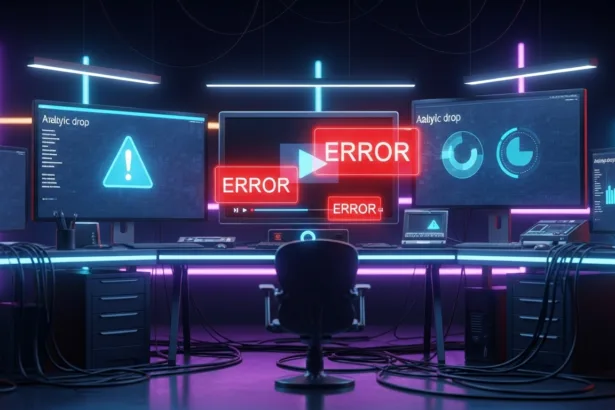A digital marketing dashboard showing video ad errors and declining analytics with warning icons.
