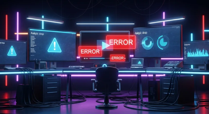 A digital marketing dashboard showing video ad errors and declining analytics with warning icons.