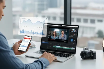 A marketer analyzing poor-performing video ads on a laptop with declining analytics charts.