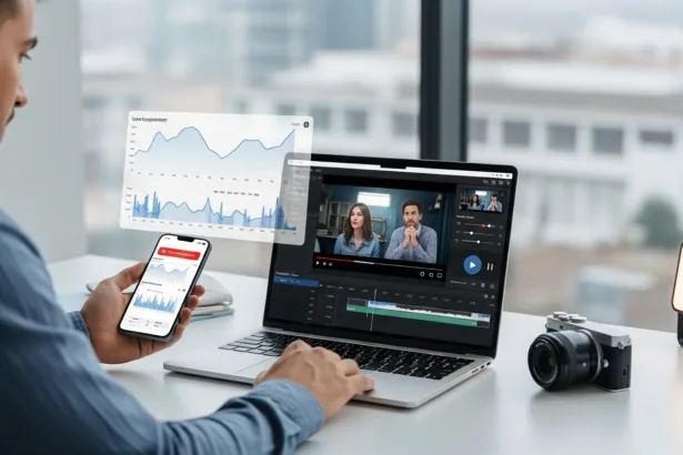 A marketer analyzing poor-performing video ads on a laptop with declining analytics charts.