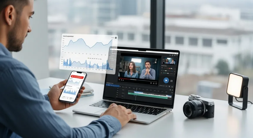 A marketer analyzing poor-performing video ads on a laptop with declining analytics charts.