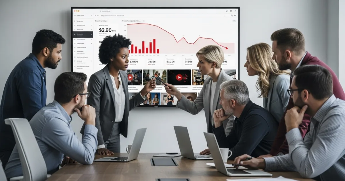 Marketing professionals analyzing poor video ad performance and identifying campaign mistakes in a modern digital workspace.