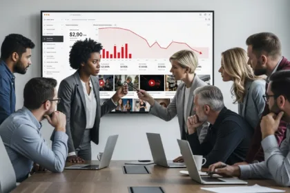 Marketing professionals analyzing poor video ad performance and identifying campaign mistakes in a modern digital workspace.