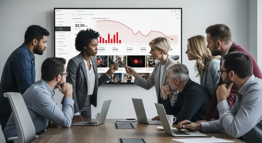 Marketing professionals analyzing poor video ad performance and identifying campaign mistakes in a modern digital workspace.
