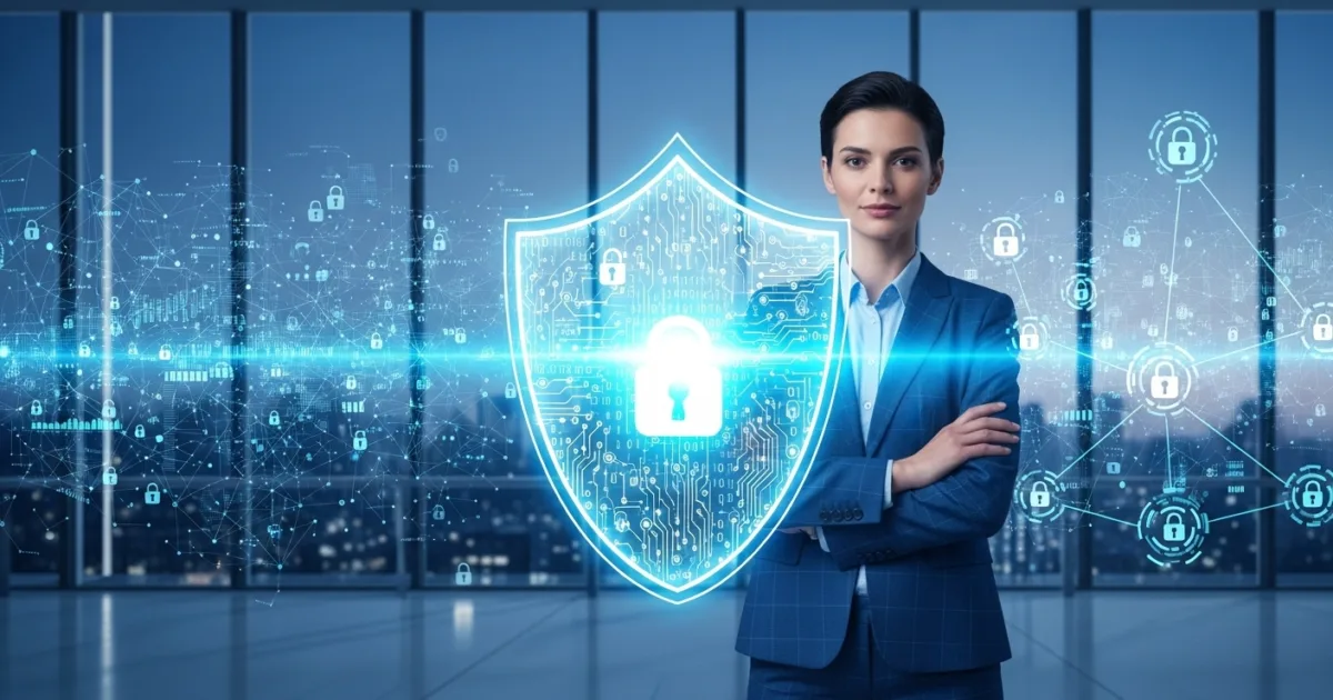 Business professional protecting company data with advanced cybersecurity systems and digital shield visuals in a modern office environment.