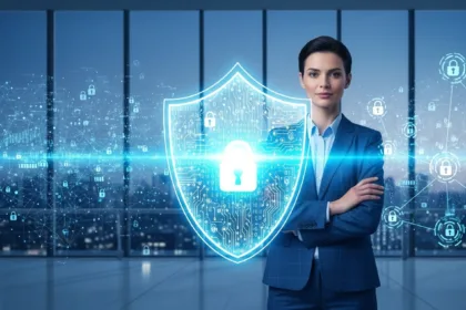 Business professional protecting company data with advanced cybersecurity systems and digital shield visuals in a modern office environment.