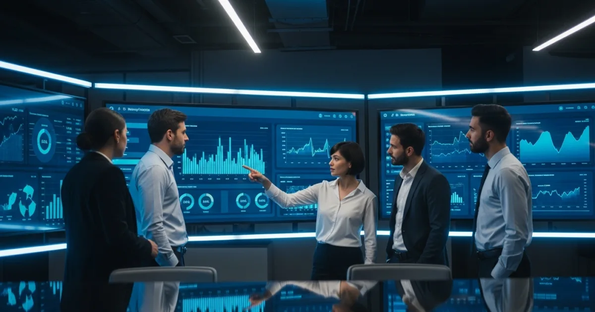 A business team reviewing SEO performance charts on digital screens, symbolizing growth and improved website rankings.